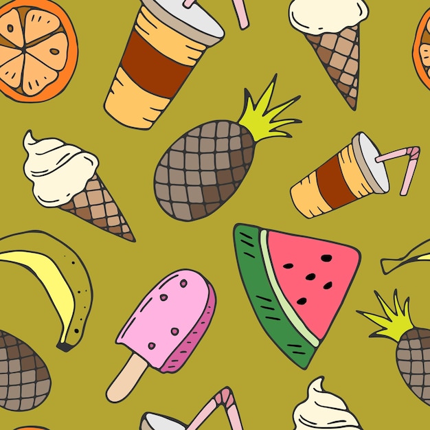 Seamless pattern with fruit ice cream and drink