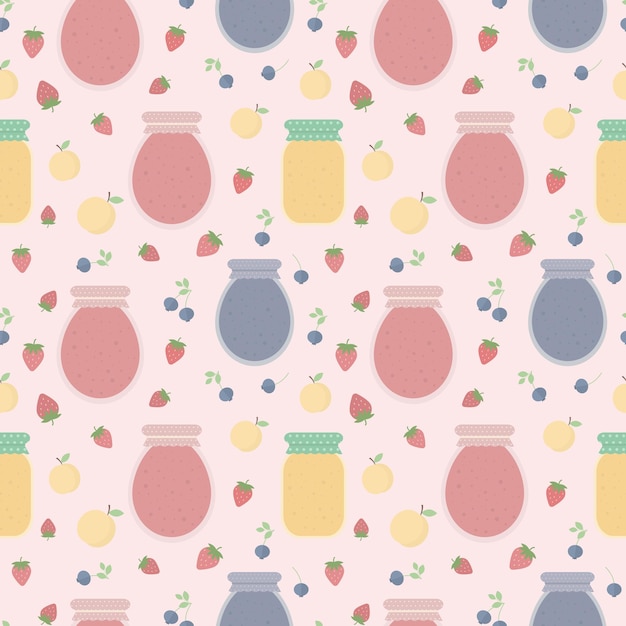 Seamless pattern with fruits and jars of jam