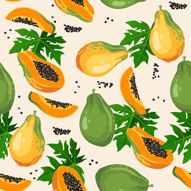 A seamless pattern with fruits and leaves of papaya concept wrapping fruit background