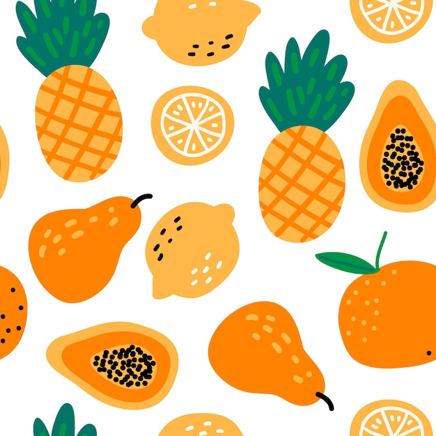 Seamless pattern with fruits pineapples, lemons, papaya, pear, orange