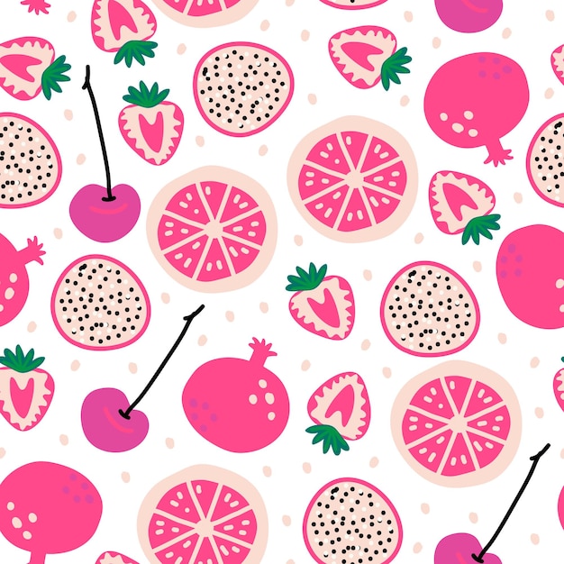 seamless pattern with fruits pitaya, cherry, strawberries, grapefruit, pomegranate 