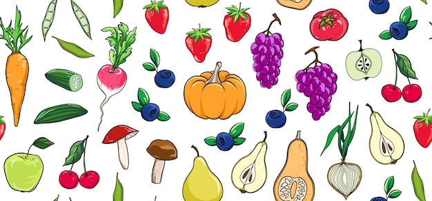 Vettore modello senza cuciture con illustrazione vettoriale di frutta e verdura in stile doodle