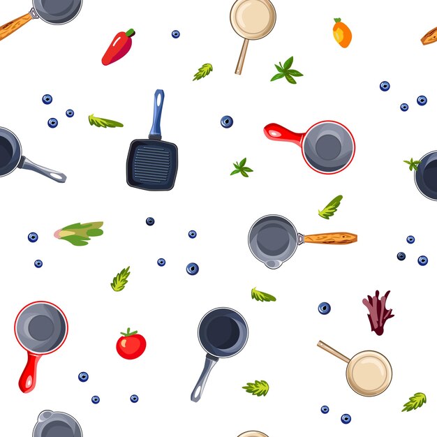 Vector seamless pattern with frying pans on a white background for printing in cafe and restaurant menus