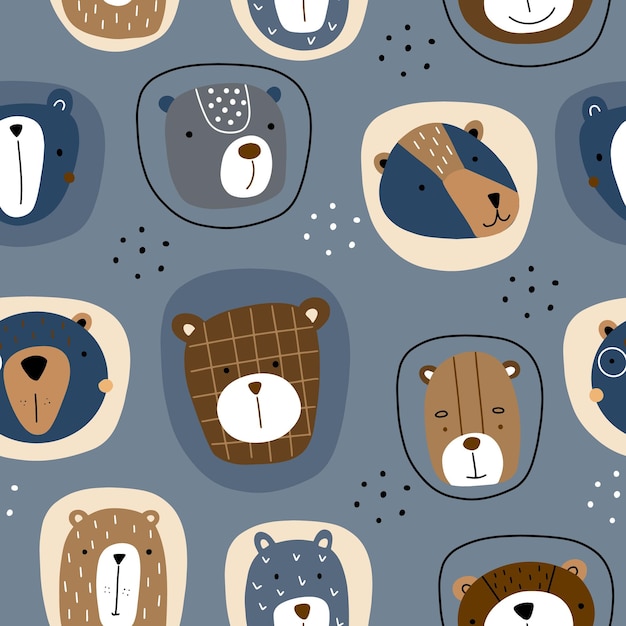 Seamless pattern with funny bears Doodle style vector illustration for your design