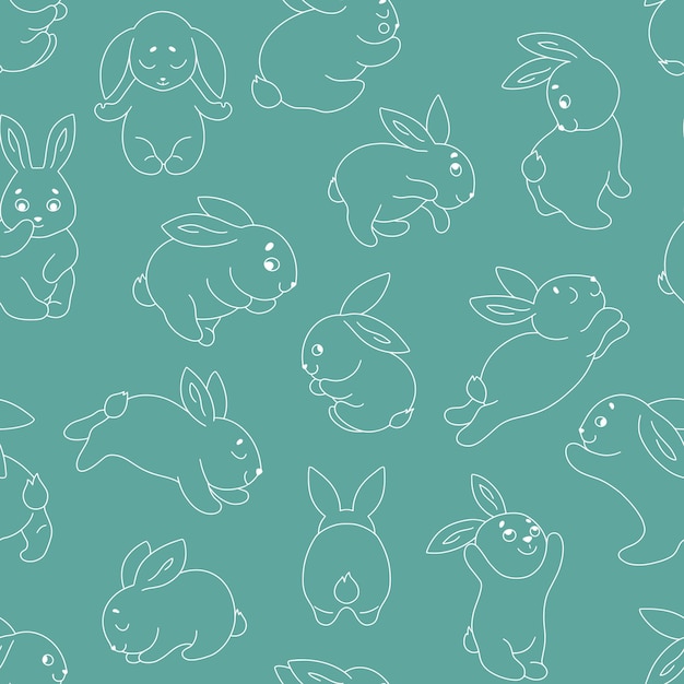 Seamless pattern with funny bunnies outlines of cute animals on a green background vector