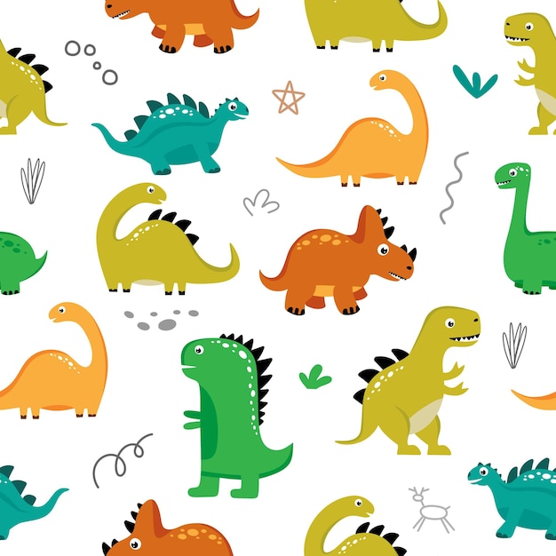 Seamless pattern with funny dinosaurs on a white background Use for textiles packaging paper posters