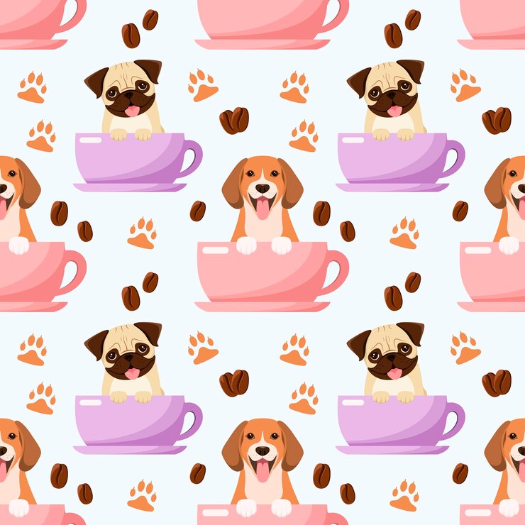 カップの面白い犬とのシームレスなパターン漫画のデザイン