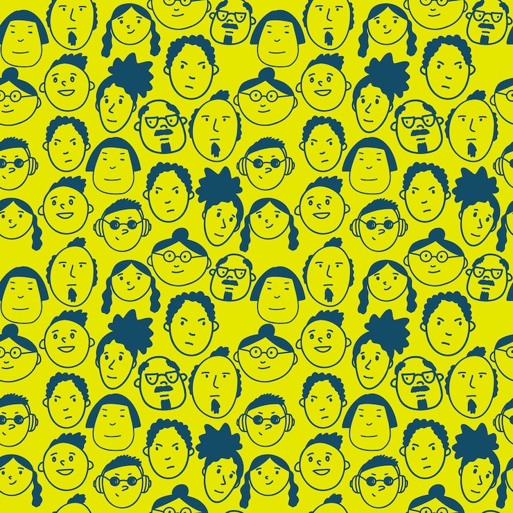 Vector seamless pattern with funny doodle diverse people faces cute simple texture for textile and wallpape...