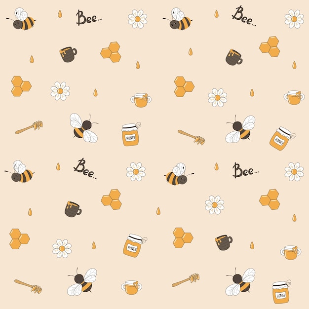 Seamless pattern with funny flying bees, daisies and drops of honey, honey spoon, jars and mugs with honey.