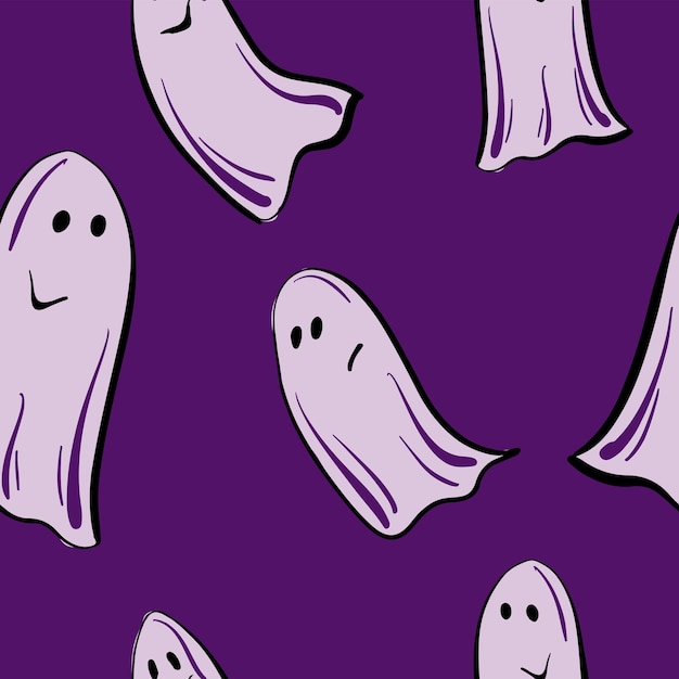 紫色の背景に面白い幽霊とのシームレスなパターンHalloweenVectorイラスト