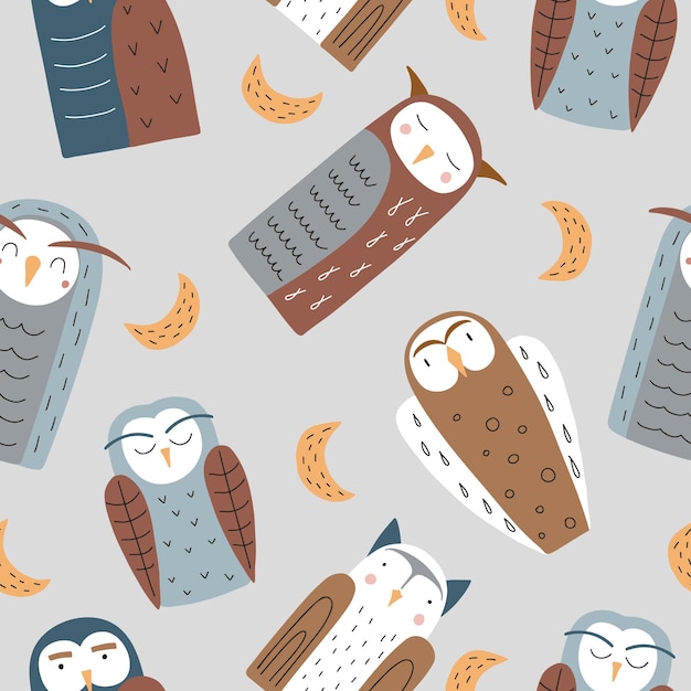 Seamless pattern with funny owls and the moon Vector illustration for your design