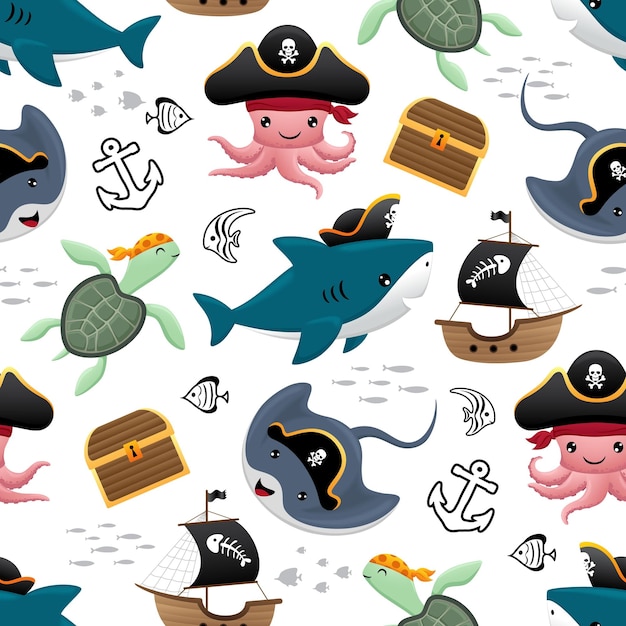 Seamless pattern with funny pirate of marine animals cartoon sailboat and treasure chest