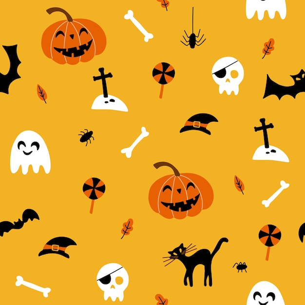 Seamless pattern with funny pumpkins cats and ghosts Vector illustration for your design