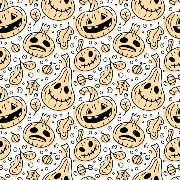 Vector seamless pattern with funny pumpkins and leaves