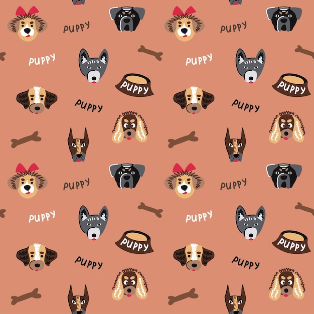 Vector seamless pattern with funny puppies of different breeds