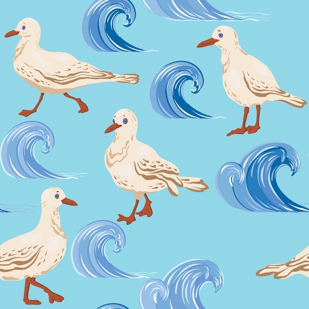 Seamless pattern with funny seagulls and waves on a blue background in the style of a cartoon