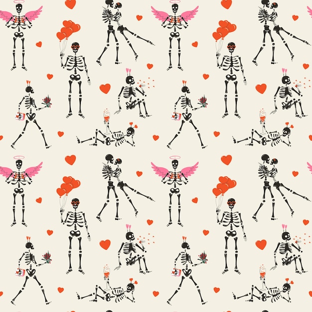 Vector seamless pattern with funny skeleton with decor for valentines day