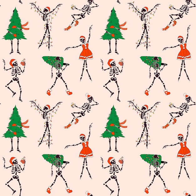 Seamless pattern with Funny Skeleton with with decoration christmas Cute character Skeleton Bones