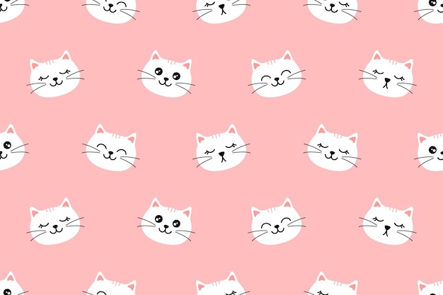 淡いピンクの背景に面白い白い猫の顔を描いたシームレスなパターン