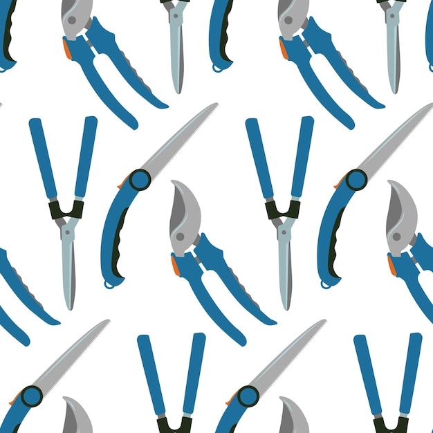 Vector seamless pattern with garden tools background with pruners scissors saws