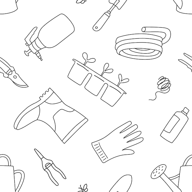 Seamless pattern with garden tools in doodle style Garden work Farming set Monochrome graphic print