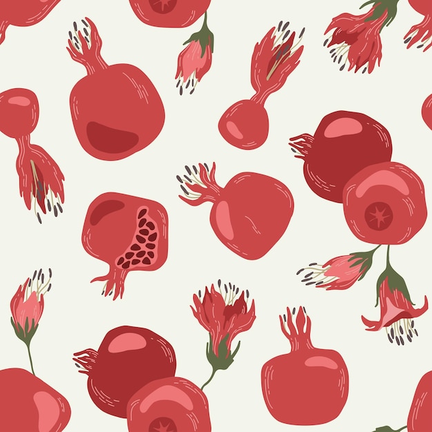 Vector seamless pattern with garnet pomegranate flowers