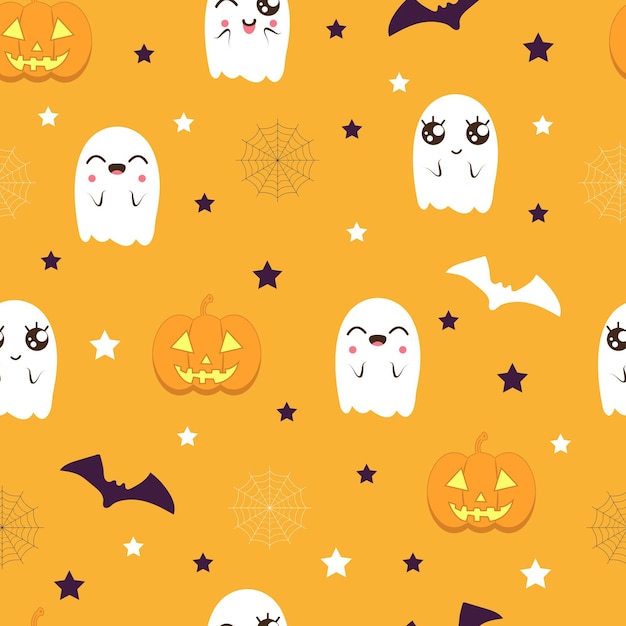 Seamless pattern with ghosts pumpkins cobwebs bat for halloween