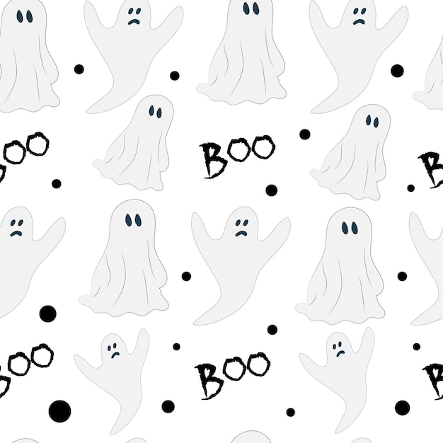 Vector seamless pattern with ghosts and the word boo on a white background