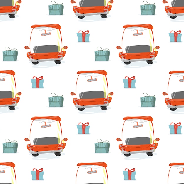 Seamless pattern with gift boxes and red cars