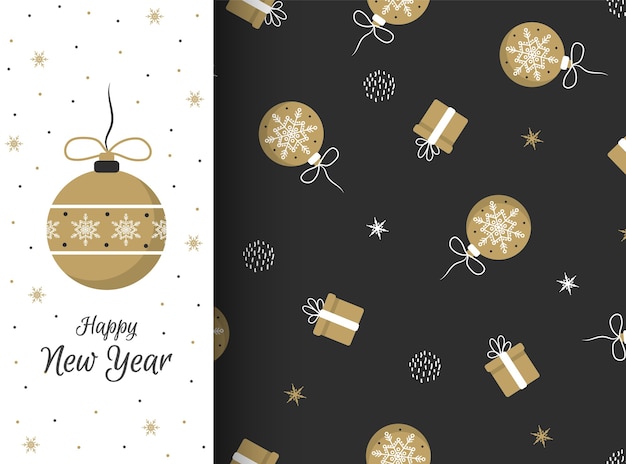 Vector seamless pattern with gifts and christmas balls on dark background. perfect for holiday invitations, winter greeting cards, wallpaper and gift paper. flat style.