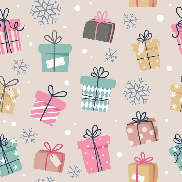 Seamless pattern with gifts and snowflakes