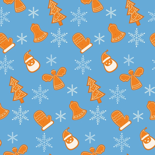 ジンジャーブレッド クッキーと雪の結晶のシームレスなパターン生地包装紙繊維壁紙グリーティング カードのお祝いデザイン ベクトル イラスト