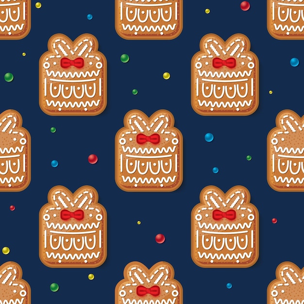 Seamless Pattern with Gingerbread Gift Box on Blue Christmas Cookie