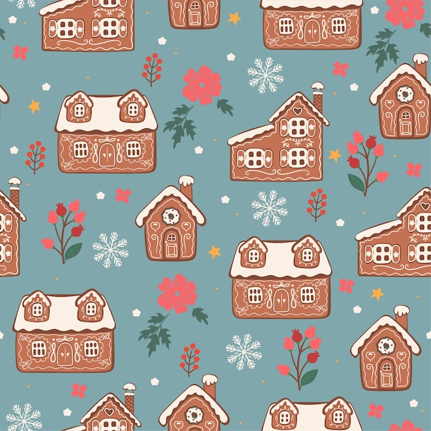 Seamless pattern with gingerbread houses flowers twigs and snowflakes