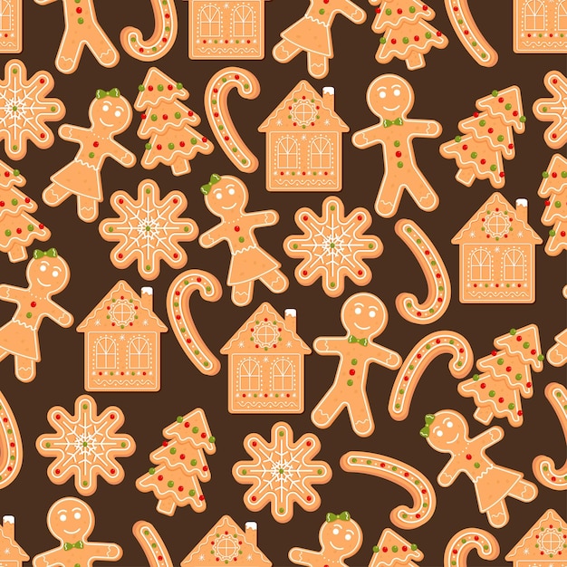 Vector seamless pattern with gingerbread man snowflake house candy