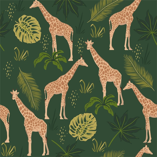 Seamless pattern with giraffes and tropical leaves.