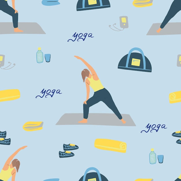 Seamless pattern with a girl doing yoga, a collection of elements for yoga, a woman doing sports