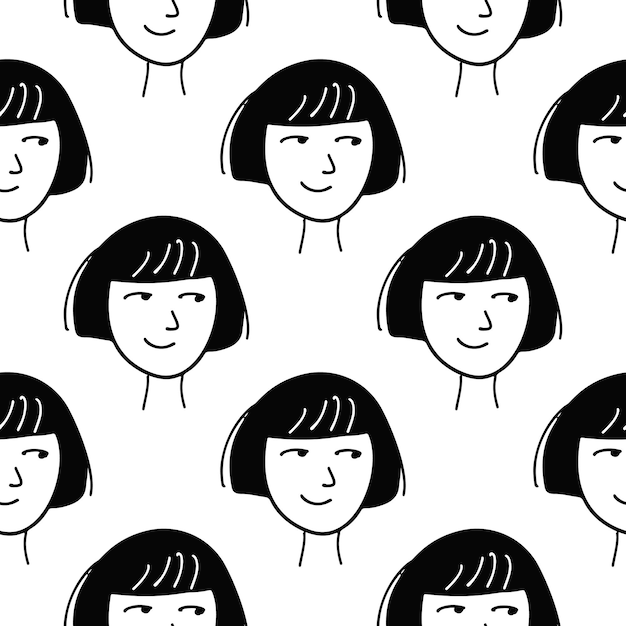 Seamless pattern with girl head illustration in black color on white