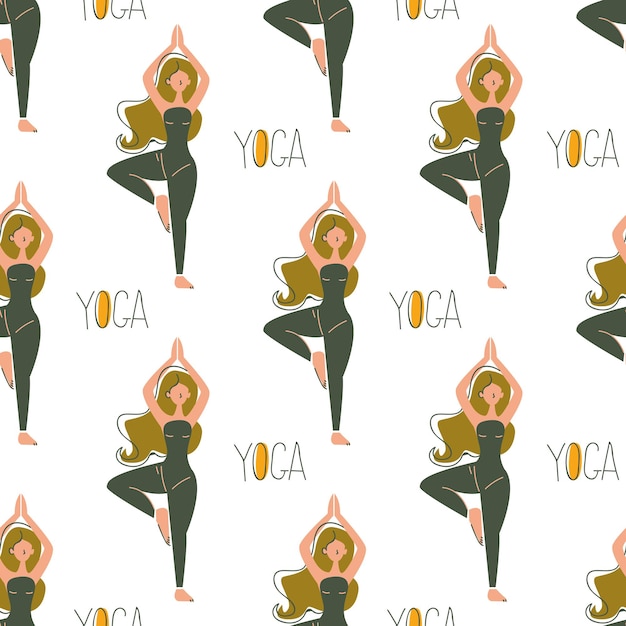 Vector seamless pattern with girls doing yoga and standing on one leg decor made of people and yoga