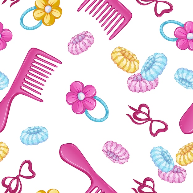 Vettore modello senza cuciture con articoli per la cura dei capelli delle ragazze. acconciature per bambini.