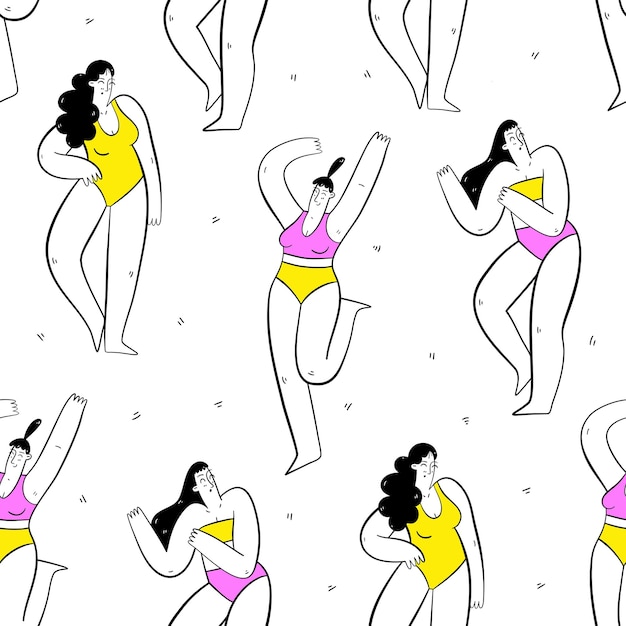 Seamless pattern with girls in swimsuits Body positive