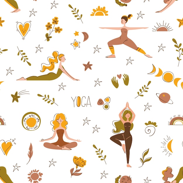 요가에 종사하고 흰색 배경에 다른 아사나에 서 있는 소녀들과 원활한 패턴입니다. 사람, 별자리, 태양, 달 및 식물로 만든 장식. 벡터 문자 그림입니다.