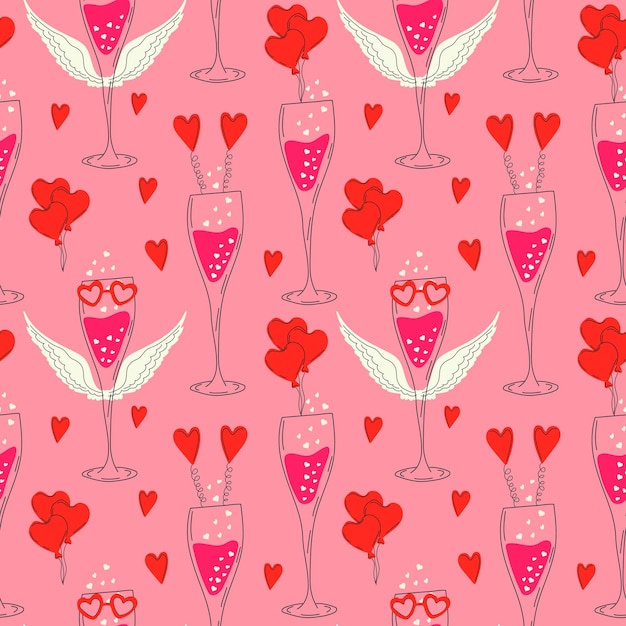 Seamless Pattern with Glass of champagne decorated for Valentine's Day. Love, Valentine's Day