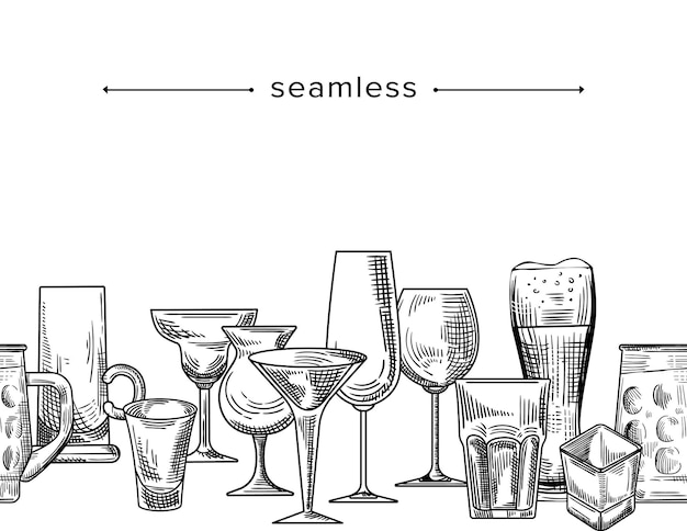 Бесшовный фон со стеклянными чашками для алкогольных напитков. Кубки каракули для мартини, пива, вина или водки. Нарисованная рукой граница с кружками, рамка эскиза с гравированной посудой. Линейные векторные иллюстрации