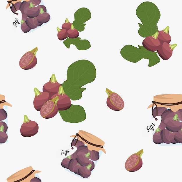 Seamless pattern with glass jar with fig jam and fig fruits with leaves.