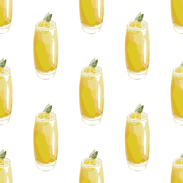 Vector seamless pattern with glass of lemonade cocktail drink yellow color