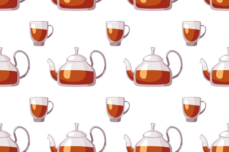 Vector seamless pattern with glass teapot and cup with tea hand drawn flat vector illustration for wallpaper textile wrapping kitchen utensils tea party and tea time modern endless print design