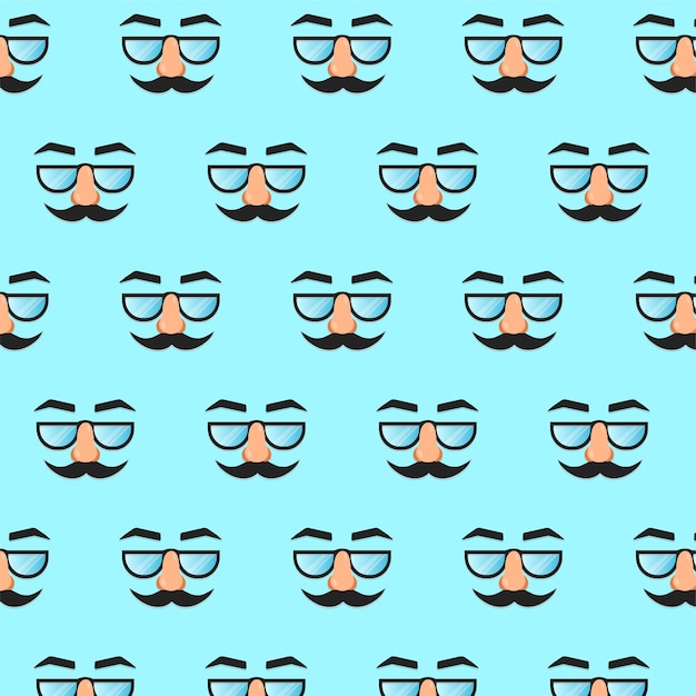 Vector seamless pattern with glasses and mustache on a blue background.