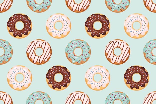 Seamless pattern with glazed donuts in pastel blue