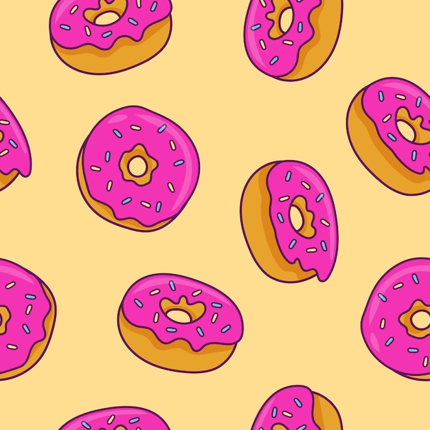 Vector seamless pattern with glazed pink donuts on light yellow background